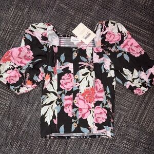 Bohme Black Floral Blouse with Pink and White Details